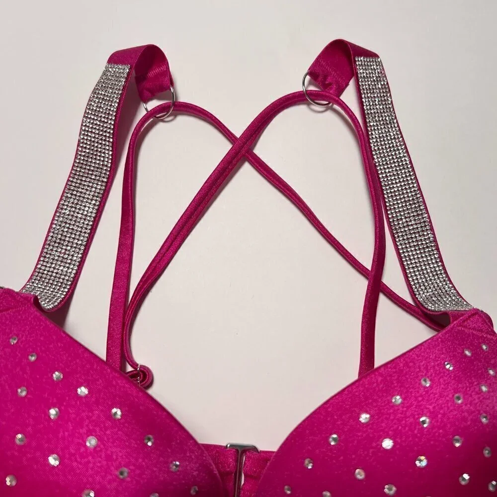 Victoria Secret 36A M Bombshell Push Up Bikini Top Set Shine Strap Berry Blush